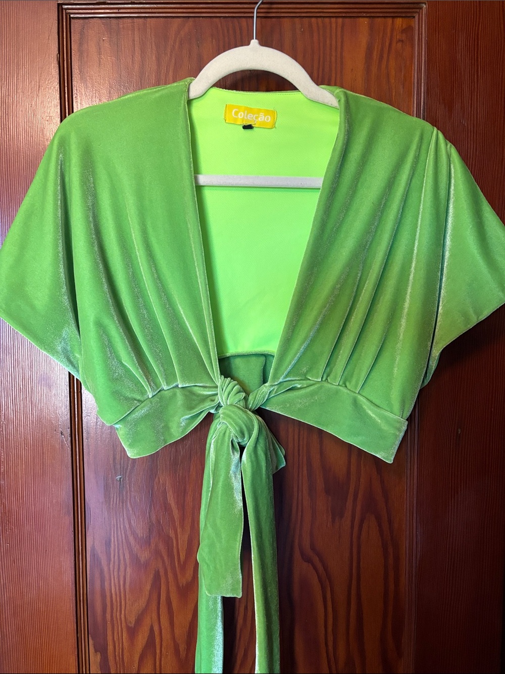 Colecao Lime Green Velvet Tie-Front Crop Top Size Small